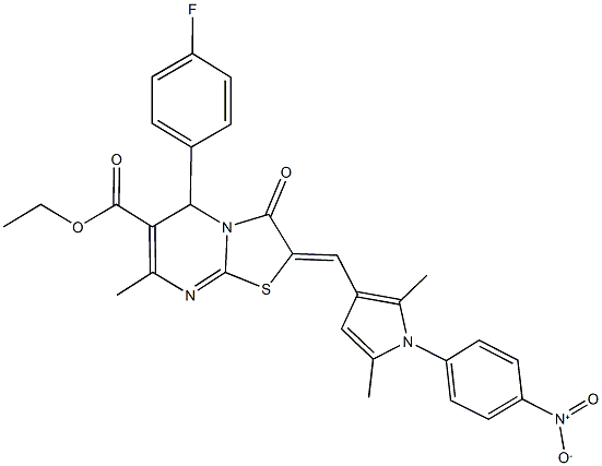 ethyl 5-(4-fluorophenyl)-2-[(1-{4-nitrophenyl}-2,5-dimethyl-1H-pyrrol-3-yl)methylene]-7-methyl-3-oxo-2,3-dihydro-5H-[1,3]thiazolo[3,2-a]pyrimidine-6-carboxylate Struktur