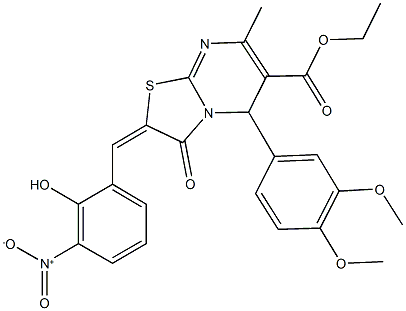 ethyl 5-(3,4-dimethoxyphenyl)-2-{2-hydroxy-3-nitrobenzylidene}-7-methyl-3-oxo-2,3-dihydro-5H-[1,3]thiazolo[3,2-a]pyrimidine-6-carboxylate Struktur