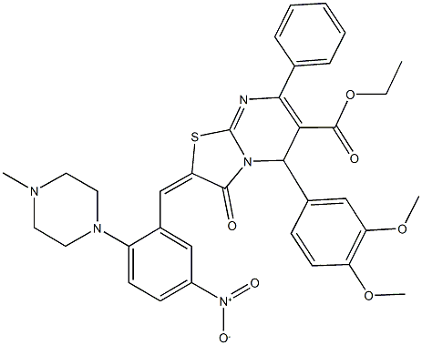 ethyl 5-(3,4-dimethoxyphenyl)-2-[5-nitro-2-(4-methyl-1-piperazinyl)benzylidene]-3-oxo-7-phenyl-2,3-dihydro-5H-[1,3]thiazolo[3,2-a]pyrimidine-6-carboxylate Struktur