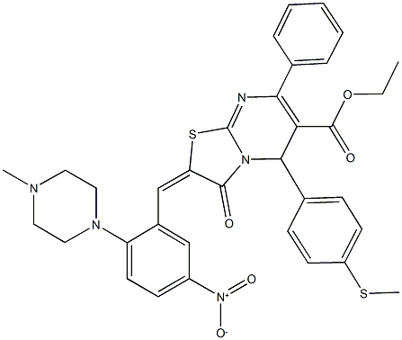 ethyl 2-[5-nitro-2-(4-methyl-1-piperazinyl)benzylidene]-5-[4-(methylsulfanyl)phenyl]-3-oxo-7-phenyl-2,3-dihydro-5H-[1,3]thiazolo[3,2-a]pyrimidine-6-carboxylate Struktur