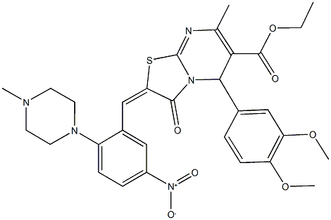 ethyl 5-(3,4-dimethoxyphenyl)-2-[5-nitro-2-(4-methyl-1-piperazinyl)benzylidene]-7-methyl-3-oxo-2,3-dihydro-5H-[1,3]thiazolo[3,2-a]pyrimidine-6-carboxylate Struktur