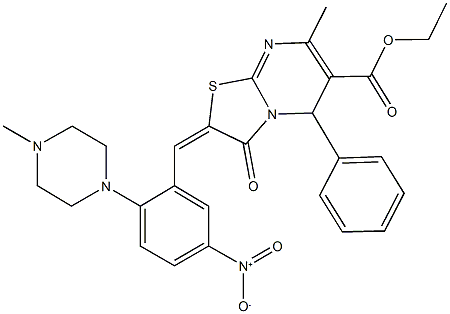 ethyl 2-[5-nitro-2-(4-methyl-1-piperazinyl)benzylidene]-7-methyl-3-oxo-5-phenyl-2,3-dihydro-5H-[1,3]thiazolo[3,2-a]pyrimidine-6-carboxylate Struktur