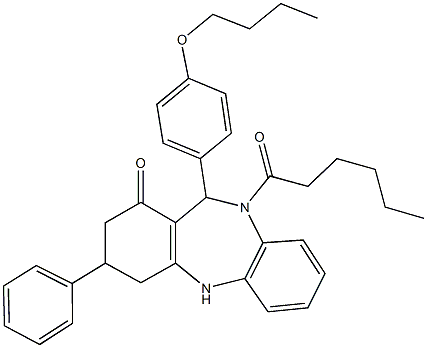 11-(4-butoxyphenyl)-10-hexanoyl-3-phenyl-2,3,4,5,10,11-hexahydro-1H-dibenzo[b,e][1,4]diazepin-1-one Struktur