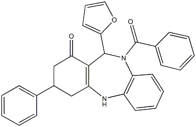 10-benzoyl-11-(2-furyl)-3-phenyl-2,3,4,5,10,11-hexahydro-1H-dibenzo[b,e][1,4]diazepin-1-one Struktur