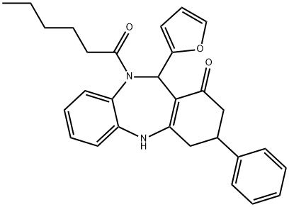 11-(2-furyl)-10-hexanoyl-3-phenyl-2,3,4,5,10,11-hexahydro-1H-dibenzo[b,e][1,4]diazepin-1-one Struktur