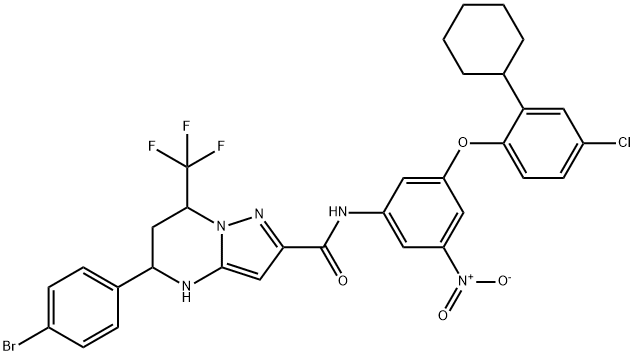 5-(4-bromophenyl)-N-{3-(4-chloro-2-cyclohexylphenoxy)-5-nitrophenyl}-7-(trifluoromethyl)-4,5,6,7-tetrahydropyrazolo[1,5-a]pyrimidine-2-carboxamide Struktur