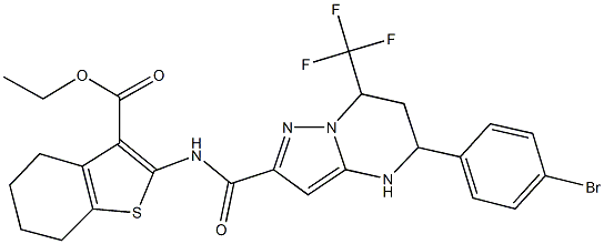 ethyl 2-({[5-(4-bromophenyl)-7-(trifluoromethyl)-4,5,6,7-tetrahydropyrazolo[1,5-a]pyrimidin-2-yl]carbonyl}amino)-4,5,6,7-tetrahydro-1-benzothiophene-3-carboxylate Struktur