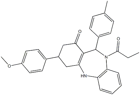 3-(4-methoxyphenyl)-11-(4-methylphenyl)-10-propionyl-2,3,4,5,10,11-hexahydro-1H-dibenzo[b,e][1,4]diazepin-1-one Struktur