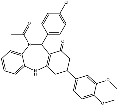 10-acetyl-11-(4-chlorophenyl)-3-(3,4-dimethoxyphenyl)-2,3,4,5,10,11-hexahydro-1H-dibenzo[b,e][1,4]diazepin-1-one Struktur