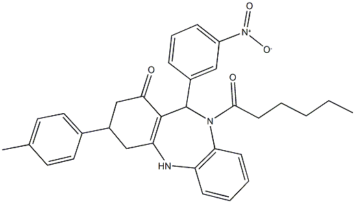 10-hexanoyl-11-{3-nitrophenyl}-3-(4-methylphenyl)-2,3,4,5,10,11-hexahydro-1H-dibenzo[b,e][1,4]diazepin-1-one Struktur