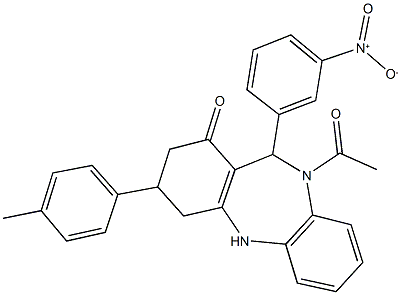 10-acetyl-11-{3-nitrophenyl}-3-(4-methylphenyl)-2,3,4,5,10,11-hexahydro-1H-dibenzo[b,e][1,4]diazepin-1-one Struktur