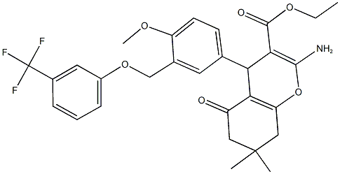 ethyl 2-amino-4-(4-methoxy-3-{[3-(trifluoromethyl)phenoxy]methyl}phenyl)-7,7-dimethyl-5-oxo-5,6,7,8-tetrahydro-4H-chromene-3-carboxylate Struktur