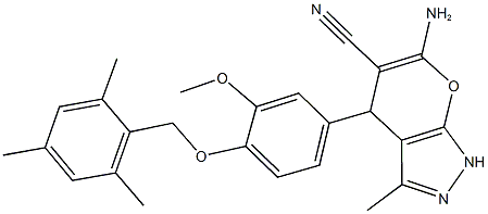 6-amino-4-[4-(mesitylmethoxy)-3-methoxyphenyl]-3-methyl-1,4-dihydropyrano[2,3-c]pyrazole-5-carbonitrile Struktur