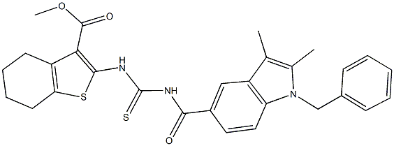 methyl 2-[({[(1-benzyl-2,3-dimethyl-1H-indol-5-yl)carbonyl]amino}carbothioyl)amino]-4,5,6,7-tetrahydro-1-benzothiophene-3-carboxylate Struktur