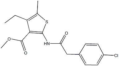 methyl 2-{[(4-chlorophenyl)acetyl]amino}-4-ethyl-5-methyl-3-thiophenecarboxylate Struktur