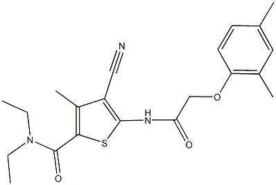 4-cyano-5-{[(2,4-dimethylphenoxy)acetyl]amino}-N,N-diethyl-3-methyl-2-thiophenecarboxamide Struktur