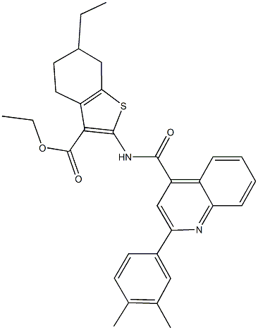 ethyl 2-({[2-(3,4-dimethylphenyl)-4-quinolinyl]carbonyl}amino)-6-ethyl-4,5,6,7-tetrahydro-1-benzothiophene-3-carboxylate Struktur