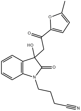 4-{3-hydroxy-3-[2-(5-methyl-2-furyl)-2-oxoethyl]-2-oxo-2,3-dihydro-1H-indol-1-yl}butanenitrile Struktur