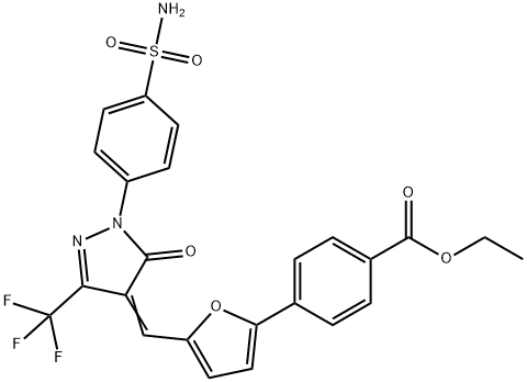 ethyl 4-(5-{[1-[4-(aminosulfonyl)phenyl]-5-oxo-3-(trifluoromethyl)-1,5-dihydro-4H-pyrazol-4-ylidene]methyl}-2-furyl)benzoate Struktur