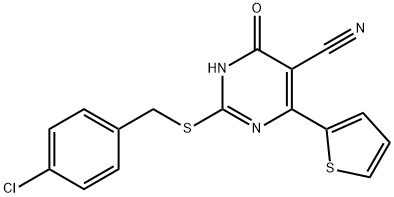 2-[(4-chlorobenzyl)sulfanyl]-6-oxo-4-(2-thienyl)-1,6-dihydro-5-pyrimidinecarbonitrile Struktur