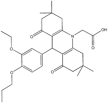 (9-(3-ethoxy-4-propoxyphenyl)-3,3,6,6-tetramethyl-1,8-dioxo-2,3,4,5,6,7,8,9-octahydro-10(1H)-acridinyl)acetic acid Struktur