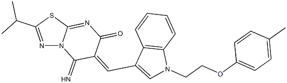 5-imino-2-isopropyl-6-({1-[2-(4-methylphenoxy)ethyl]-1H-indol-3-yl}methylene)-5,6-dihydro-7H-[1,3,4]thiadiazolo[3,2-a]pyrimidin-7-one Struktur