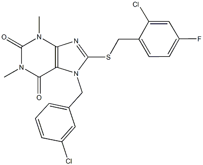 7-(3-chlorobenzyl)-8-[(2-chloro-4-fluorobenzyl)sulfanyl]-1,3-dimethyl-3,7-dihydro-1H-purine-2,6-dione Struktur