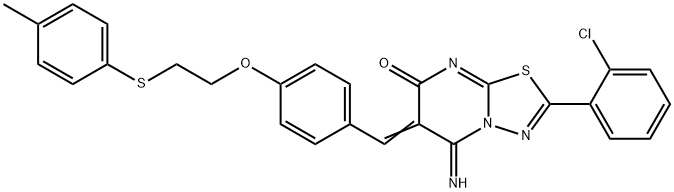 2-(2-chlorophenyl)-5-imino-6-(4-{2-[(4-methylphenyl)sulfanyl]ethoxy}benzylidene)-5,6-dihydro-7H-[1,3,4]thiadiazolo[3,2-a]pyrimidin-7-one Struktur