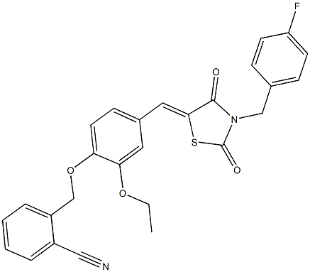 2-[(2-ethoxy-4-{[3-(4-fluorobenzyl)-2,4-dioxo-1,3-thiazolidin-5-ylidene]methyl}phenoxy)methyl]benzonitrile Struktur