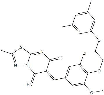 6-{3-chloro-4-[2-(3,5-dimethylphenoxy)ethoxy]-5-methoxybenzylidene}-5-imino-2-methyl-5,6-dihydro-7H-[1,3,4]thiadiazolo[3,2-a]pyrimidin-7-one Struktur