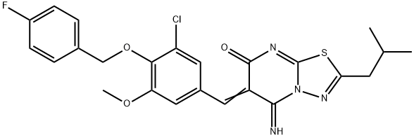 6-{3-chloro-4-[(4-fluorobenzyl)oxy]-5-methoxybenzylidene}-5-imino-2-isobutyl-5,6-dihydro-7H-[1,3,4]thiadiazolo[3,2-a]pyrimidin-7-one Struktur