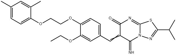 6-{4-[2-(2,4-dimethylphenoxy)ethoxy]-3-ethoxybenzylidene}-5-imino-2-isopropyl-5,6-dihydro-7H-[1,3,4]thiadiazolo[3,2-a]pyrimidin-7-one Struktur