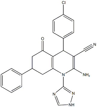 2-amino-4-(4-chlorophenyl)-5-oxo-7-phenyl-1-(1H-1,2,4-triazol-3-yl)-1,4,5,6,7,8-hexahydro-3-quinolinecarbonitrile Struktur