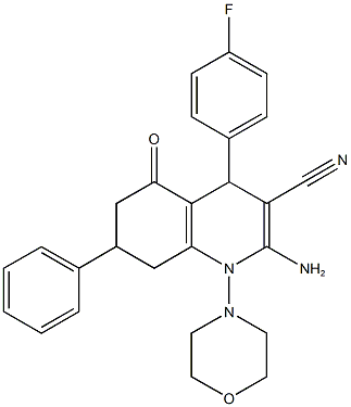 2-amino-4-(4-fluorophenyl)-1-(4-morpholinyl)-5-oxo-7-phenyl-1,4,5,6,7,8-hexahydro-3-quinolinecarbonitrile Struktur