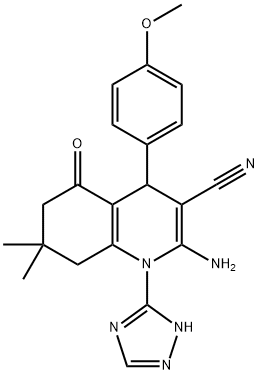 2-amino-4-(4-methoxyphenyl)-7,7-dimethyl-5-oxo-1-(1H-1,2,4-triazol-3-yl)-1,4,5,6,7,8-hexahydro-3-quinolinecarbonitrile Struktur