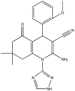 2-amino-4-(2-methoxyphenyl)-7,7-dimethyl-5-oxo-1-(1H-1,2,4-triazol-3-yl)-1,4,5,6,7,8-hexahydro-3-quinolinecarbonitrile Struktur