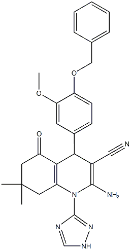 2-amino-4-[4-(benzyloxy)-3-methoxyphenyl]-7,7-dimethyl-5-oxo-1-(1H-1,2,4-triazol-3-yl)-1,4,5,6,7,8-hexahydro-3-quinolinecarbonitrile Struktur