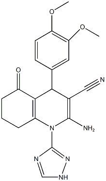 2-amino-4-(3,4-dimethoxyphenyl)-5-oxo-1-(1H-1,2,4-triazol-3-yl)-1,4,5,6,7,8-hexahydro-3-quinolinecarbonitrile Struktur