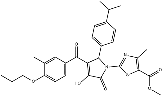 methyl 2-[3-hydroxy-5-(4-isopropylphenyl)-4-(3-methyl-4-propoxybenzoyl)-2-oxo-2,5-dihydro-1H-pyrrol-1-yl]-4-methyl-1,3-thiazole-5-carboxylate Struktur