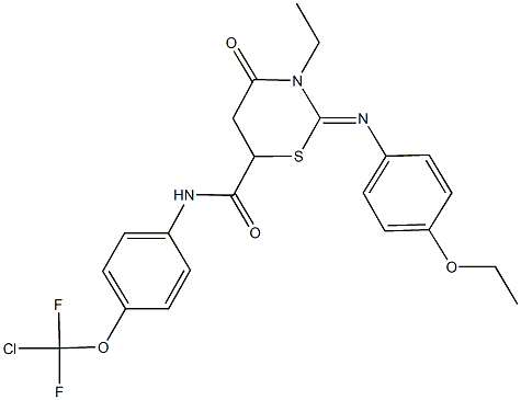 N-{4-[chloro(difluoro)methoxy]phenyl}-2-[(4-ethoxyphenyl)imino]-3-ethyl-4-oxo-1,3-thiazinane-6-carboxamide Struktur