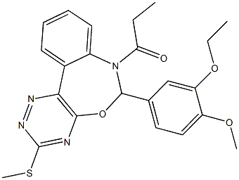 6-(3-ethoxy-4-methoxyphenyl)-3-(methylsulfanyl)-7-propionyl-6,7-dihydro[1,2,4]triazino[5,6-d][3,1]benzoxazepine Struktur