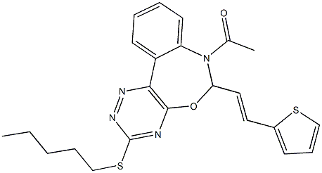 7-acetyl-3-(pentylsulfanyl)-6-[2-(2-thienyl)vinyl]-6,7-dihydro[1,2,4]triazino[5,6-d][3,1]benzoxazepine Struktur