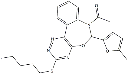 7-acetyl-6-(5-methyl-2-furyl)-3-(pentylsulfanyl)-6,7-dihydro[1,2,4]triazino[5,6-d][3,1]benzoxazepine Struktur