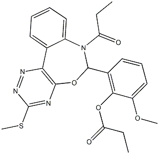 2-methoxy-6-[3-(methylsulfanyl)-7-propionyl-6,7-dihydro[1,2,4]triazino[5,6-d][3,1]benzoxazepin-6-yl]phenyl propionate Struktur