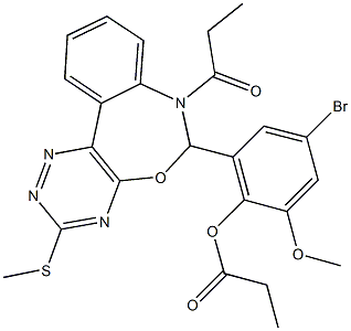 4-bromo-2-methoxy-6-[3-(methylsulfanyl)-7-propionyl-6,7-dihydro[1,2,4]triazino[5,6-d][3,1]benzoxazepin-6-yl]phenyl propionate Struktur