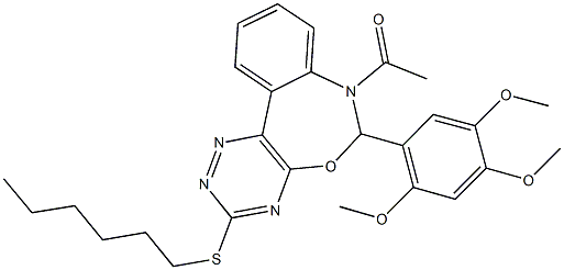 7-acetyl-3-(hexylsulfanyl)-6-(2,4,5-trimethoxyphenyl)-6,7-dihydro[1,2,4]triazino[5,6-d][3,1]benzoxazepine Struktur