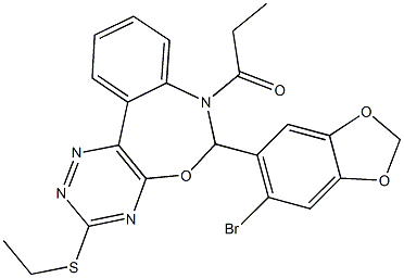 6-(6-bromo-1,3-benzodioxol-5-yl)-3-(ethylsulfanyl)-7-propionyl-6,7-dihydro[1,2,4]triazino[5,6-d][3,1]benzoxazepine Struktur