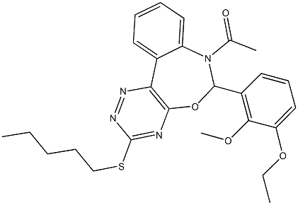 7-acetyl-6-(3-ethoxy-2-methoxyphenyl)-3-(pentylsulfanyl)-6,7-dihydro[1,2,4]triazino[5,6-d][3,1]benzoxazepine Struktur