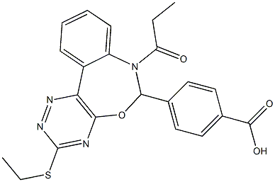 4-[3-(ethylsulfanyl)-7-propionyl-6,7-dihydro[1,2,4]triazino[5,6-d][3,1]benzoxazepin-6-yl]benzoic acid Struktur