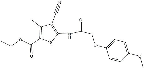 ethyl 4-cyano-5-{[(4-methoxyphenoxy)acetyl]amino}-3-methyl-2-thiophenecarboxylate Struktur